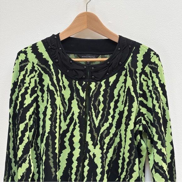 Ming Wang Open Front Cardigan Sweater Abstract Zebra Print Lime Green Black PXL - Picture 4 of 12